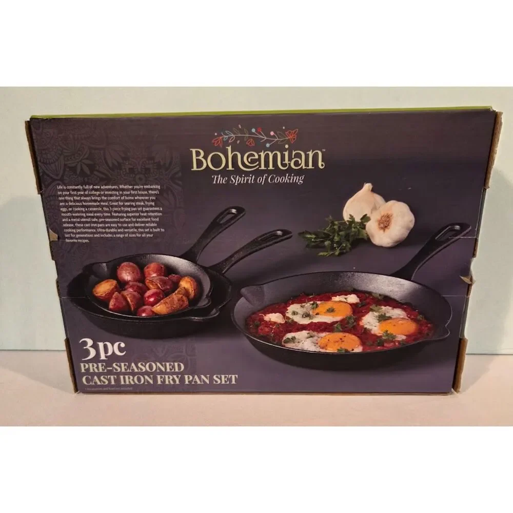 Bohemian 3 Pc Pre-Seasoned Cast Iron Fry Pan Set 6” 8” 10”